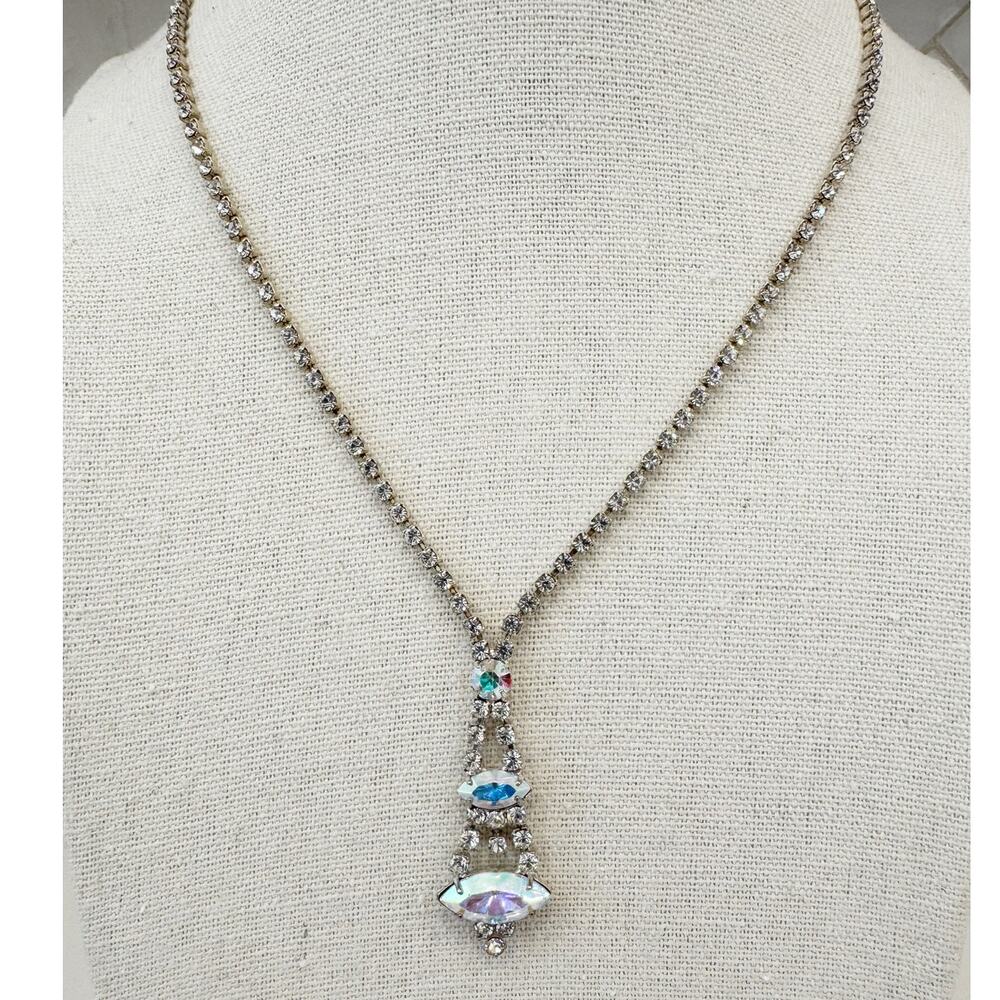 Vintage Aurora Borealis Rhinestone Drop Necklace